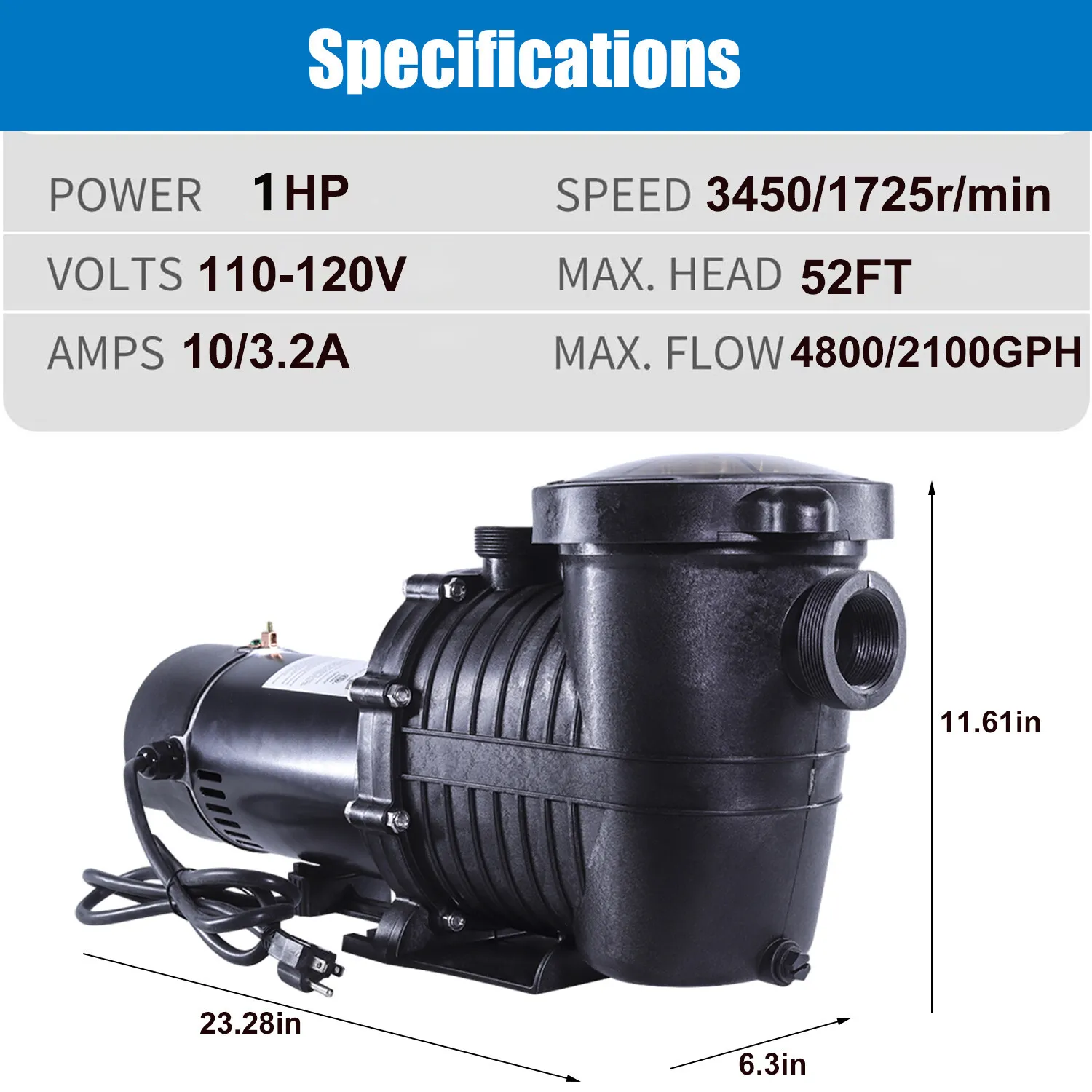 1 HP 2 Speed Swimming Pool Pump Specification