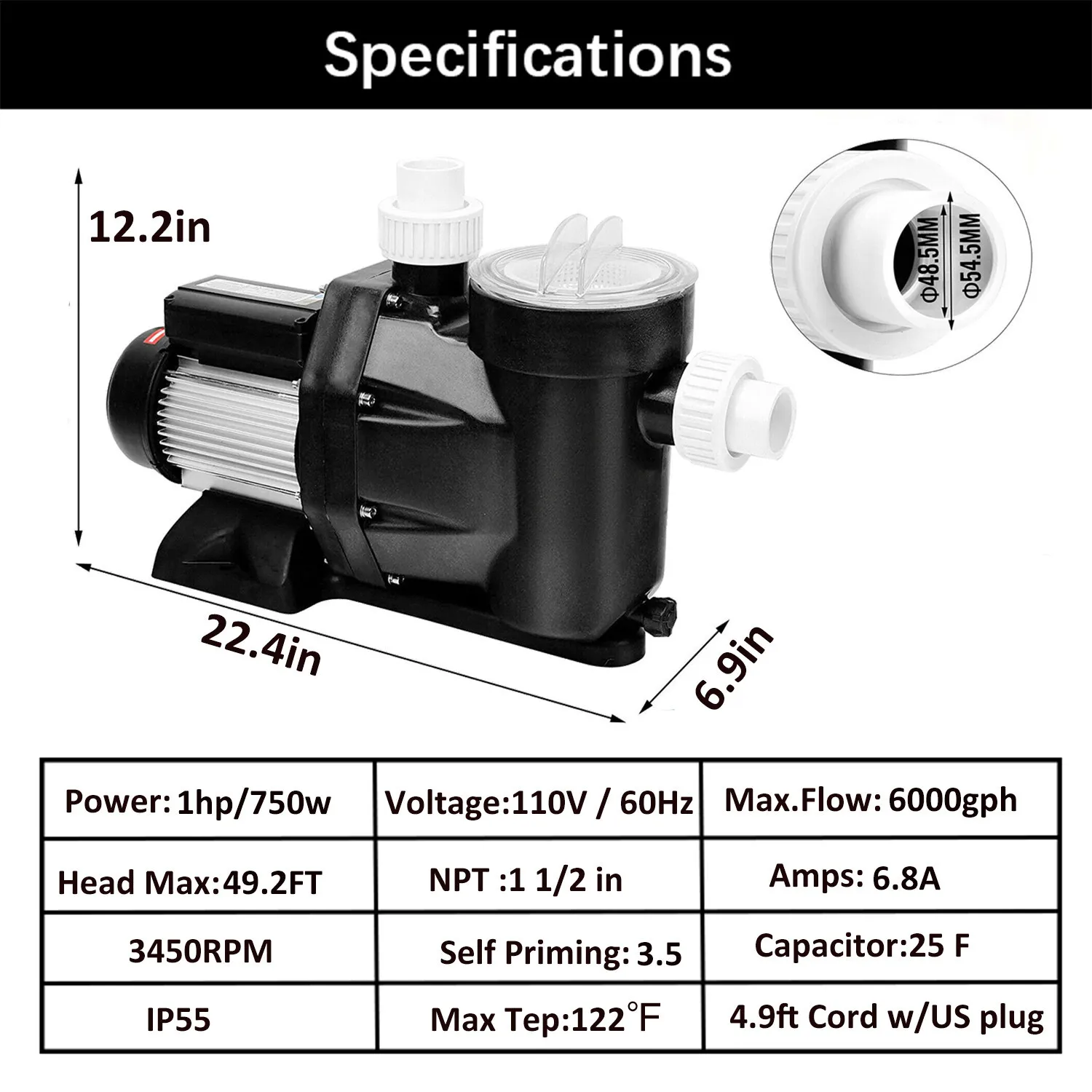 1 HP Swimming Pool Pump Specification