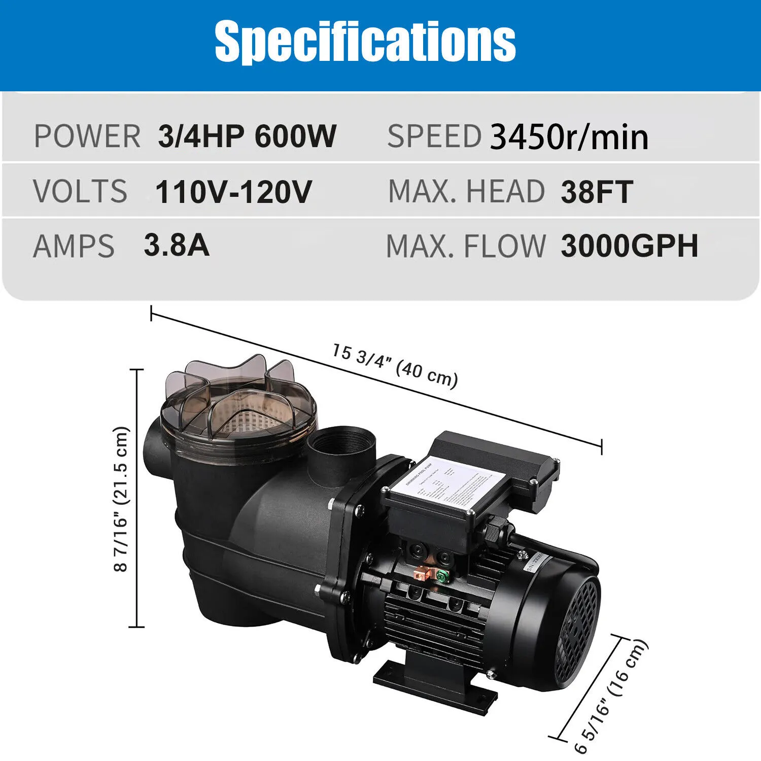 3/4 HP Swimming Pool Pump Specification