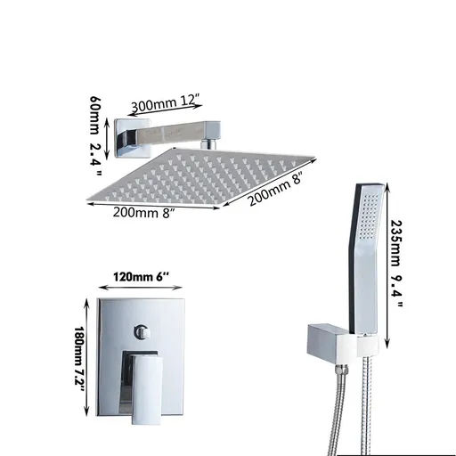 12"Shower Faucet Set System Rainfall Shower Head Combo w/Mixer Valve Kit Wall Mount