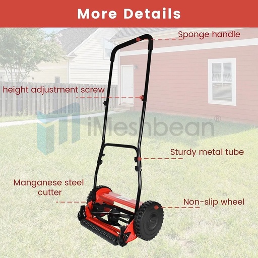 14-Inch 5-Blade Manual Reel Lawn Mower w/Adjustable Cutting Height Grass Catcher