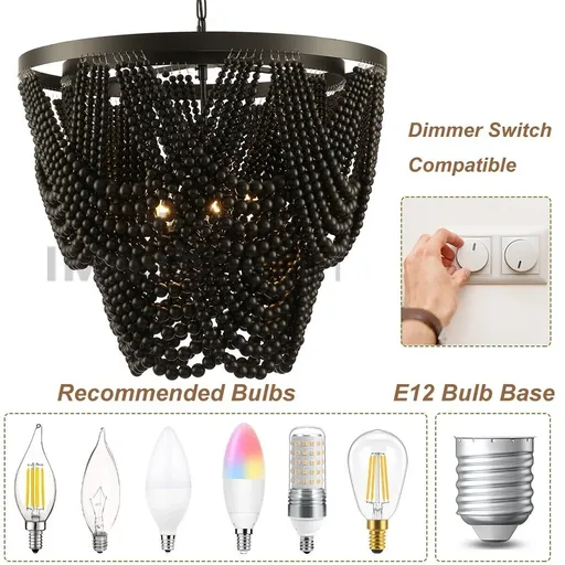 26"Boho Chandelier Draped Wood Beaded Farmhouse Chandelier Ceiling Light Fixture