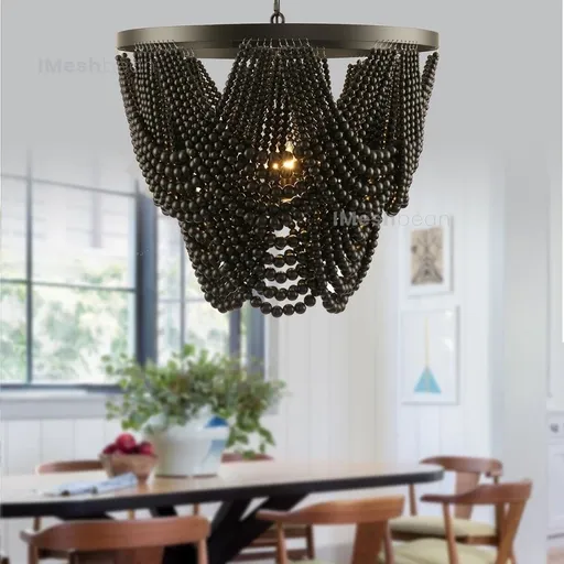 26"Boho Chandelier Draped Wood Beaded Farmhouse Chandelier Ceiling Light Fixture