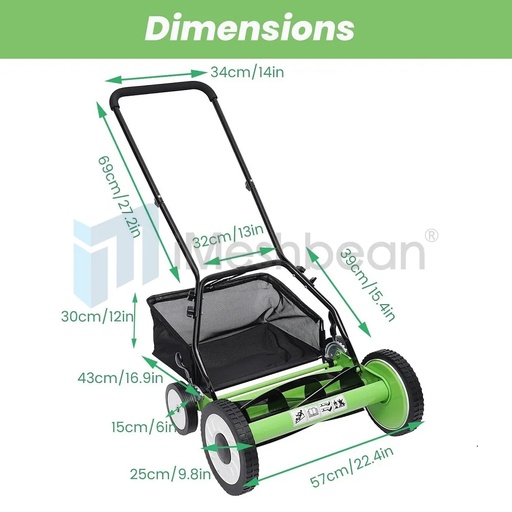 Manual Reel Lawn Mower,16inch,4 Wheel w/Adjustable Cutting Height Grass Catcher