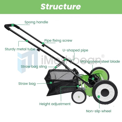 Manual Reel Lawn Mower,16inch,4 Wheel w/Adjustable Cutting Height Grass Catcher