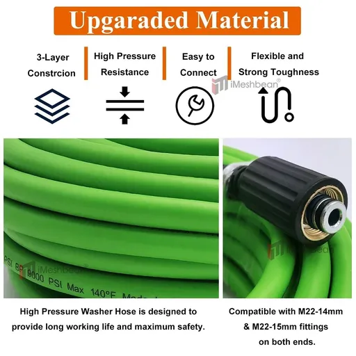 25 FT x 1/4 Inch 3600 WORK PSI Pressure Washer Replacement Hose-M22 14MM & 15MM