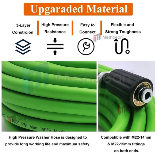 25 FT x 1/4 Inch 3600 WORK PSI Pressure Washer Replacement Hose-M22 14MM & 15MM
