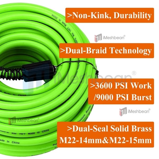 25 FT x 1/4 Inch 3600 WORK PSI Pressure Washer Replacement Hose-M22 14MM & 15MM