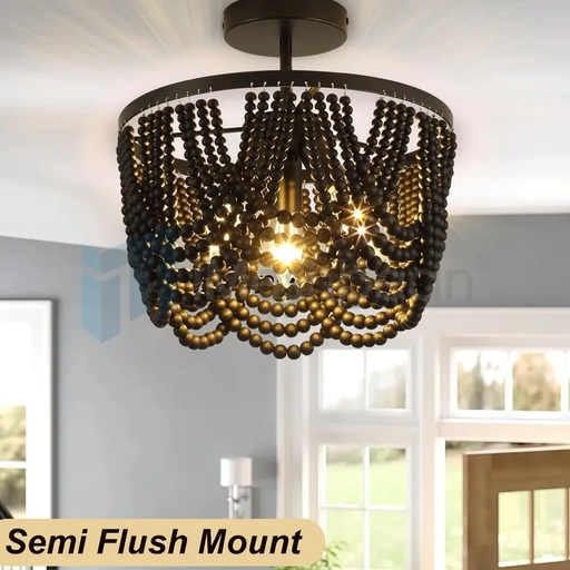 12.6 inch Boho Chandelier Wood Beaded Chandelier for Dinning Room Bedroom Hallway