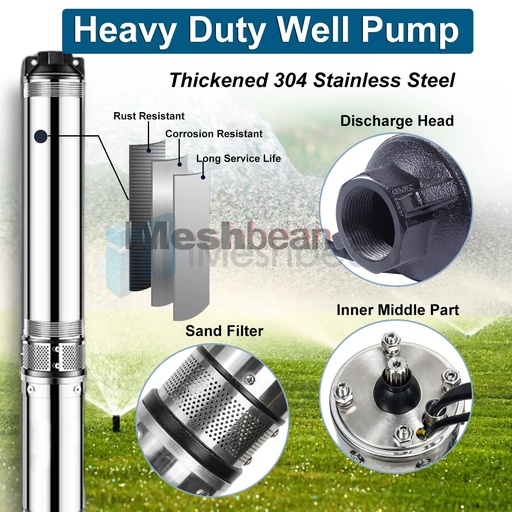 2 HP Deep Well Submersible Pump, Stainless Steel Water Pump, 4", 230V, 10.2 Amps, 60Hz with built-in control box