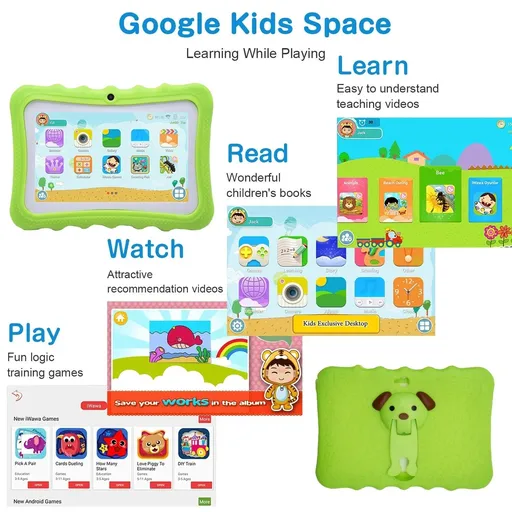 7" Android 9 Tablet PC For Kids 64G Quad-Core Dual Cameras WiFi Bundle Case, Green