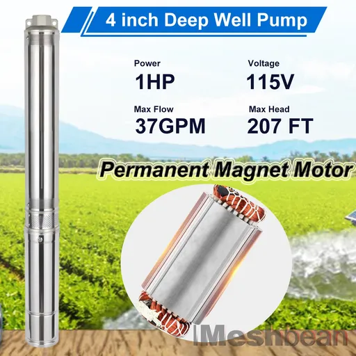 iMeshbean 4" 1HP Submersible Pump 207" Head 37 GPM 110V Stainless Steel with 100" Electric Cord