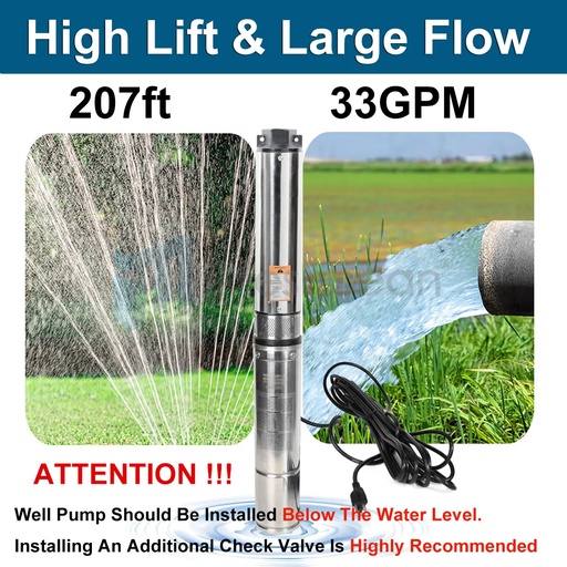 2HP Deep Well Submersible Pump, 4", 220V, 35 GPM, 400 ft Max, long life