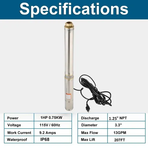 imeshbean 3'' 1 HP Submersible Well Pump 207' Max 115V 13 GPM 1.25'' NPT w/Control Box