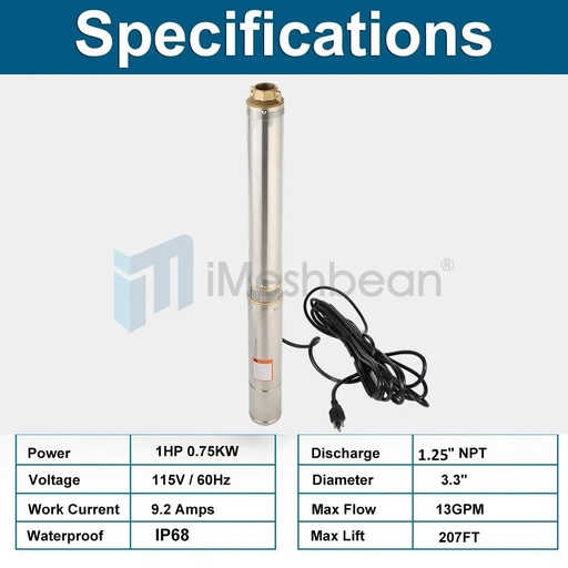 imeshbean 3'' 1 HP Submersible Well Pump 207' Max 115V 13 GPM 1.25'' NPT w/Control Box