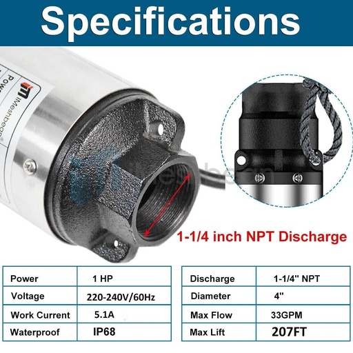 iMeshbean 1 HP 4" Deep Well Water Pump Submersible Stainless Steel 207FT 33GPM (220V 60Hz)