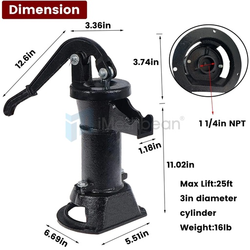 Manual Water Pitcher Pump 25Ft Lift Cast Iron Hand Pitcher Pump Well Kit Black