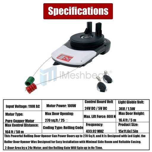 100W Automatic Garage Roll Up Roller Door Opener Motor w/ Remote Control Motor