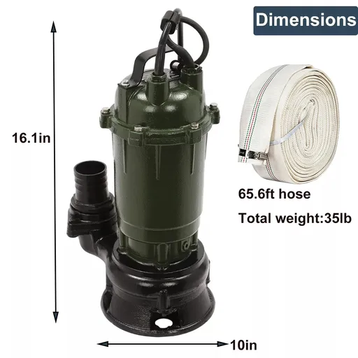 1HP 750W Cast Iron Sewage Submersibl Sump Pump 4000GPH w/66ft HOSE 110V