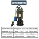 1HP 750W Cast Iron Sewage Submersibl Sump Pump 4000GPH w/ Float Switch 220-240V