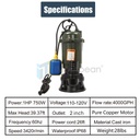 1HP 750W Cast Iron Sewage Submersibl Sump Pump 4000GPH w/ Float Switch 110-120V