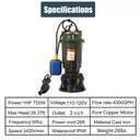 1HP 750W Cast Iron Sewage Submersibl Sump Pump 4000GPH w/ Float Switch 110-120V