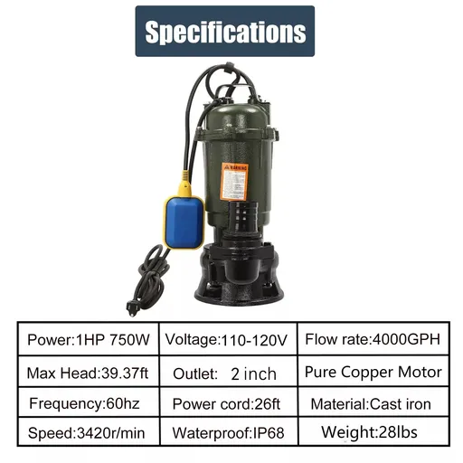 1HP 750W Cast Iron Sewage Submersibl Sump Pump 4000GPH w/ Float Switch 110-120V