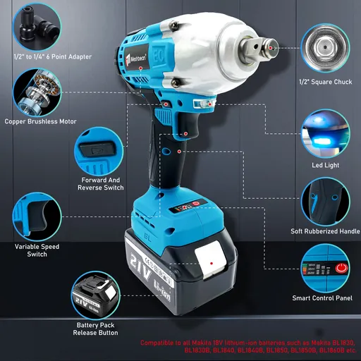 iMeshbean 21V Cordless Electric Impact Wrench Gun 1/2'' High Power Driver 800Nm