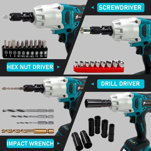 21V 1/2" Brushless Cordless High Torque Drill/Driver Impact Wrench 2 Battery 800