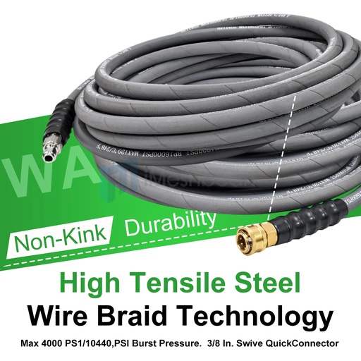 100ft Pressure Washer Hose 4000PSI Non-Marking 3/8" Couplers Hot&Cold Water 275F