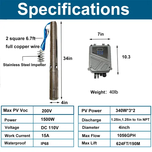 2HP 4" Solar Pump Submersible Pump Bore DC 110V Deep Well Pump+MPPT Controller