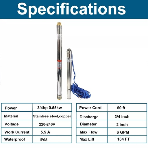 3/4HP 2" Deep Well Submersible Pump 220V 360GPH 164FT Max 26 Stage 50FT Cord