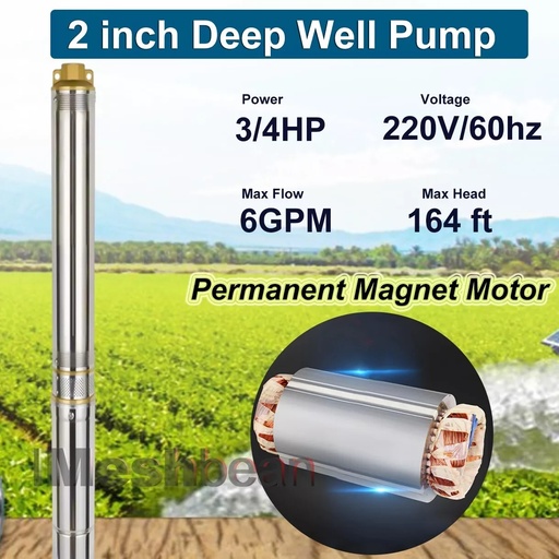 3/4HP 2" Deep Well Submersible Pump 220V 360GPH 164FT Max 26 Stage 50FT Cord