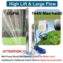 3/4HP 2" Deep Well Submersible Pump 220V 360GPH 164FT Max 26 Stage 50FT Cord