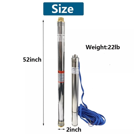 3/4HP 2" Deep Well Submersible Pump 220V 360GPH 164FT Max 26 Stage 50FT Cord