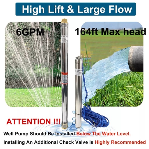 3/4HP 2" Deep Well Submersible Pump 220V 360GPH 164FT Max 26 Stage 50FT Cord