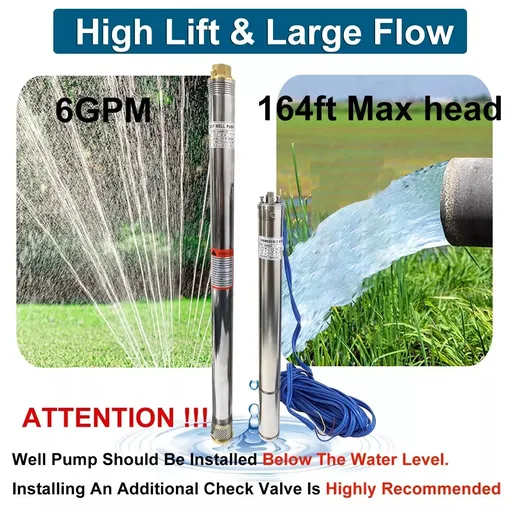 3/4HP 2" Deep Well Submersible Pump 220V 360GPH 164FT Max 26 Stage 50FT Cord