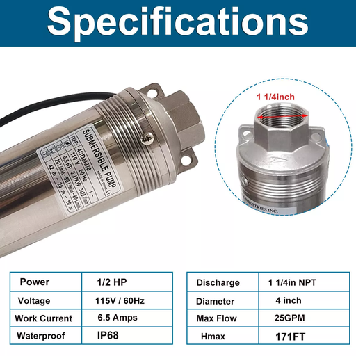 1/2HP 4'' Deep Well Submersible Pump 171FT 25GPM 110V Stainless Steel 33FT Cord