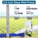 2.5" 1HP Deep Well Submersible Pump 220V 13 GPM 311FT Max 26 Stage 50FT Cord