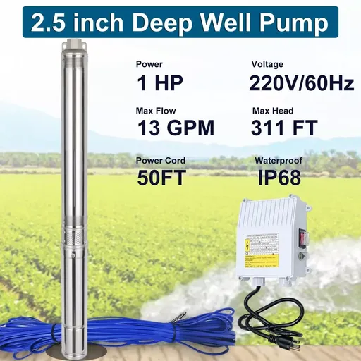 2.5" 1HP Deep Well Submersible Pump 220V 13 GPM 311FT Max 26 Stage 50FT Cord