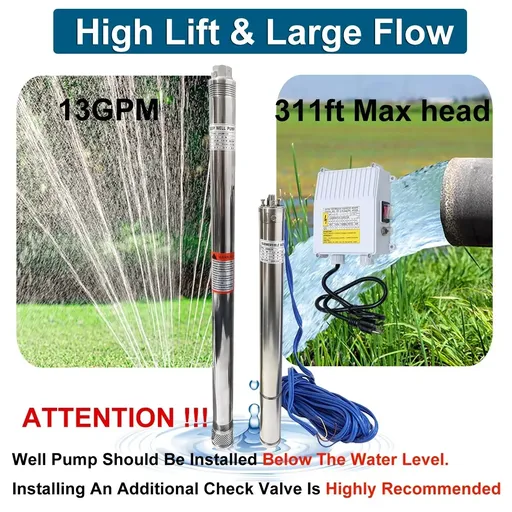 2.5" 1HP Deep Well Submersible Pump 220V 13 GPM 311FT Max 26 Stage 50FT Cord