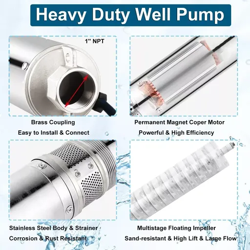 2.5" 1HP Deep Well Submersible Pump 220V 13 GPM 311FT Max 26 Stage 50FT Cord