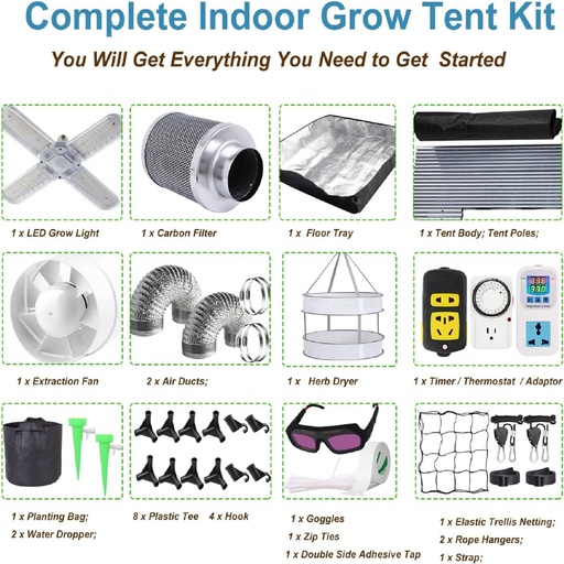 2 x 2 Grow Tent Kit With LED Lights Complete Grow Kit With Full Spectrum Grow Light With Carbon Filter 24" x 24" x 55"