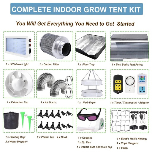 4 x 4 Grow Tent Kit With LED Lights Complete Grow Kit With Air Filter 48" x 48" x 80"