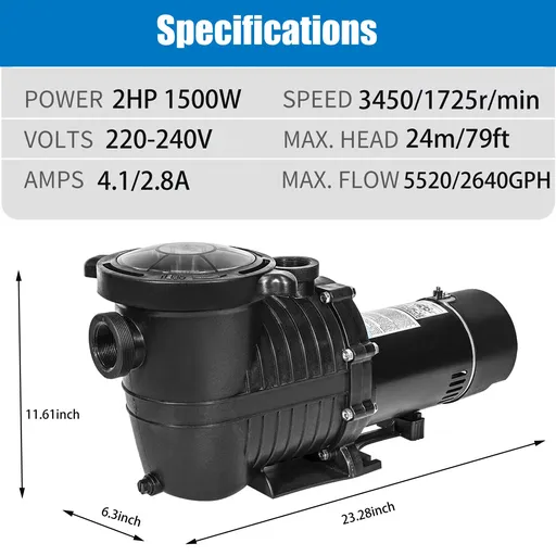 Dual Speed 2HP High-Flo INGROUND Swimming Pool Pump Strainer Energy Saving 230V