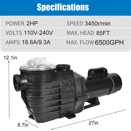 2HP Inground Swimming Pool Pump 110-240V 6500GPH 85FT Head Lift 2" NPT Connectors