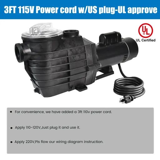 2HP Inground Swimming Pool Pump 110-240V Dual Voltage 6500GPH 85FT Head Lift 2" NPT Connectors