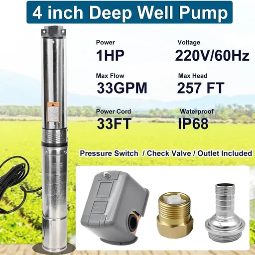 1 HP 4 inch Deep Well Submersible Pump 220V 33GPM 257ft Lift With Pressure Switch External Check Valve
