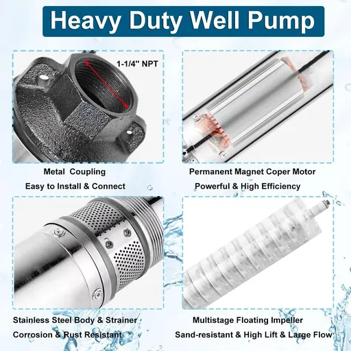 1 HP 4 inch Deep Well Submersible Pump 220V 33GPM 257ft Lift With Pressure Switch External Check Valve