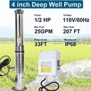 1/2 HP 4 inch Deep Well Submersible Pump 110V 25GPM 150FT Lift 33FT Cord With Control Box